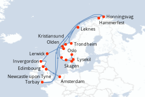 carte itinéraire croisière Fjörds norvégiens 20 jours au départ du port de Oslo