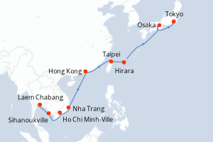 Carte de l'itinéraire de croisière Laem Chabang-Tokyo d'une durée de 16 jours