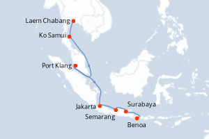 Carte de l'itinéraire de croisière Laem Chabang-Benoa d'une durée de 11 jours