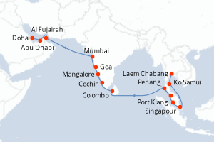 Carte de l'itinéraire de croisière Laem Chabang-Doha d'une durée de 20 jours