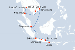 Carte de l'itinéraire de croisière Laem Chabang-Benoa d'une durée de 14 jours