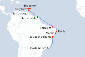 Carte de l'itinéraire de croisière Bridgetown-Rio de Janeiro d'une durée de 14 jours