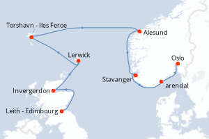 Carte de l'itinéraire de croisière Leith - Edimbourg-Oslo d'une durée de 9 jours