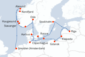 carte itinéraire croisière Fjörds norvégiens 18 jours au départ du port de Ijmuiden (Amsterdam)