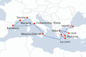 carte itinéraire croisière Sicile 12 jours au départ du port de Istanbul