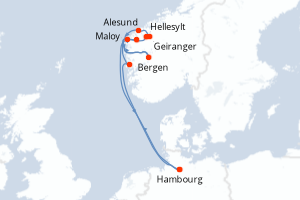 Carte itinéraire croisière Allemagne, Norvège - 9 jours au départ de Hambourg - Europe du Nord
