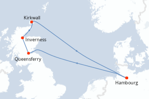 Carte itinéraire croisière Allemagne, Grande-Bretagne, Ecosse - 7 jours au départ de Hambourg - Europe du Nord
