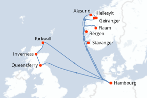 carte itinéraire croisière Fjörds norvégiens 15 jours au départ du port de Hambourg