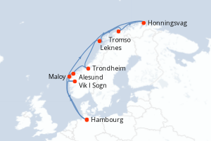 Carte itinéraire croisière Allemagne, Norvège - 12 jours au départ de Hambourg - Europe du Nord