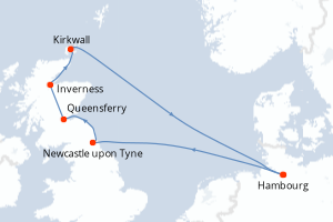 Carte itinéraire croisière Allemagne, Grande-Bretagne, Ecosse - 7 jours au départ de Hambourg - Europe du Nord