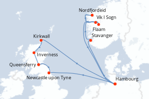 carte itinéraire croisière Fjörds norvégiens 14 jours au départ du port de Hambourg
