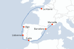 Carte itinéraire croisière France, Espagne, Portugal - 7 jours au départ de Le Havre - Méditerranée