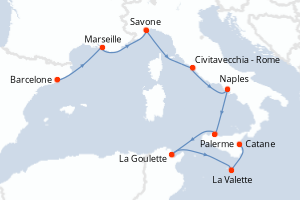 carte itinéraire croisière Sicile 8 jours au départ du port de Barcelone