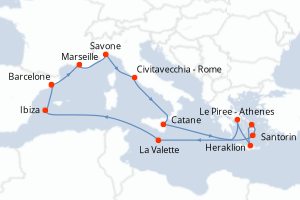 carte itinéraire croisière Sicile 14 jours au départ du port de Barcelone