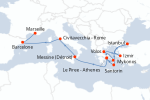 carte itinéraire croisière Sicile 13 jours au départ du port de Le Piree - Athenes