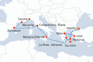 carte itinéraire croisière Sicile 14 jours au départ du port de Le Piree - Athenes