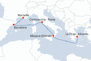 carte itinéraire croisière Sicile 6 jours au départ du port de Le Piree - Athenes