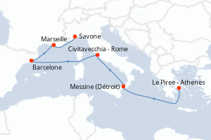 carte itinéraire croisière Sicile 7 jours au départ du port de Le Piree - Athenes