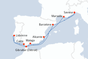 Carte de l'itinéraire de croisière Savone-Savone d'une durée de 11 jours
