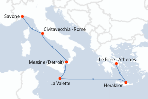 carte itinéraire croisière Sicile 6 jours au départ du port de Savone