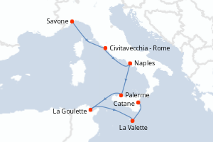 carte itinéraire croisière Sicile 6 jours au départ du port de Savone