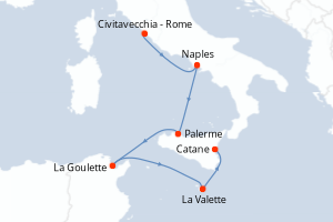 Carte de l'itinéraire de croisière Civitavecchia - Rome-Catane d'une durée de 5 jours