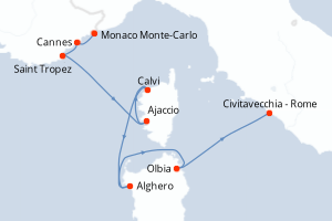 carte itinéraire croisière Sardaigne 7 jours au départ du port de Monaco Monte-Carlo