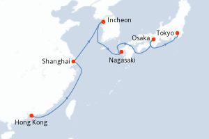 Carte de l'itinéraire de croisière Hong Kong-Tokyo d'une durée de 12 jours