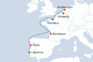 Carte de l'itinéraire de croisière Amsterdam-Lisbonne d'une durée de 9 jours