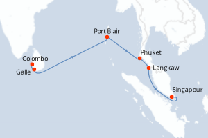 Carte de l'itinéraire de croisière Colombo-Singapour d'une durée de 9 jours