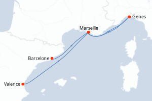 Carte de l'itinéraire de croisière Valence-Barcelone d'une durée de 4 jours