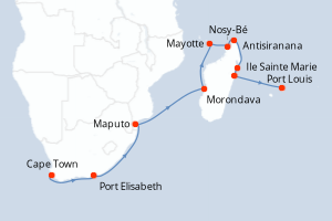 Carte de l'itinéraire de croisière Cape Town-Port Louis d'une durée de 16 jours