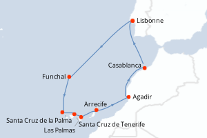 carte itinéraire croisière Atlantique 10 jours au départ du port de Lisbonne