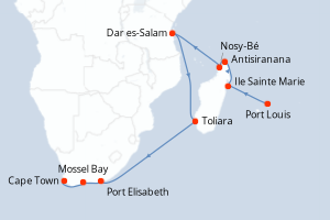 Carte de l'itinéraire de croisière Port Louis-Cape Town d'une durée de 16 jours