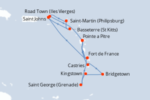 carte itinéraire croisière Caraïbes Bahamas 14 jours au départ du port de Pointe a Pitre
