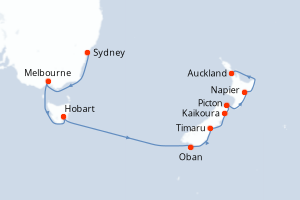 Carte de l'itinéraire de croisière Sydney-Auckland d'une durée de 15 jours