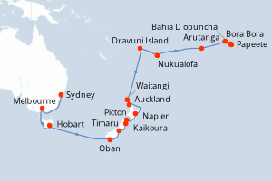 Carte de l'itinéraire de croisière Sydney-Papeete d'une durée de 30 jours