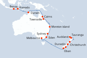 carte itinéraire croisière Australie Nouvelle Zélande 31 jours au départ du port de Benoa