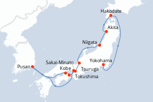 Carte de l'itinéraire de croisière Kobe-Yokohama d'une durée de 12 jours