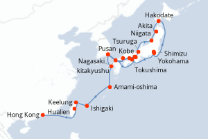 Carte de l'itinéraire de croisière Kobe-Hong Kong d'une durée de 27 jours