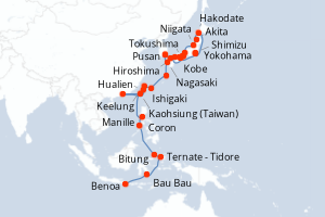 Carte de l'itinéraire de croisière Kobe-Benoa d'une durée de 41 jours