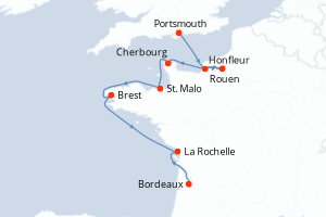 carte itinéraire croisière Garonne Dordogne 10 jours au départ du port de Portsmouth