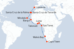 Carte de l'itinéraire de croisière Cape Town-Lisbonne d'une durée de 23 jours