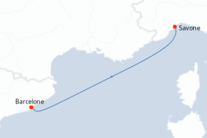 Carte de l'itinéraire de croisière Savone-Barcelone d'une durée de 2 jours