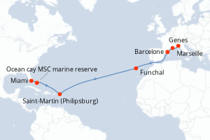 Carte de l'itinéraire de croisière Genes-Miami d'une durée de 16 jours