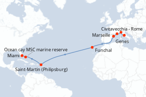carte itinéraire croisière Transatlantique 17 jours au départ du port de Civitavecchia - Rome