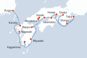 Carte de l'itinéraire de croisière Osaka-Pusan d'une durée de 12 jours