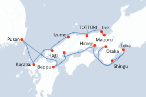 Carte de l'itinéraire de croisière Osaka-Maizuru d'une durée de 12 jours