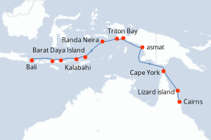 Carte de l'itinéraire de croisière Cairns-Bali d'une durée de 15 jours