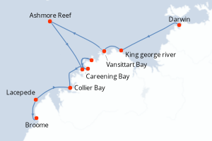 Carte de l'itinéraire de croisière Darwin-Broome d'une durée de 10 jours